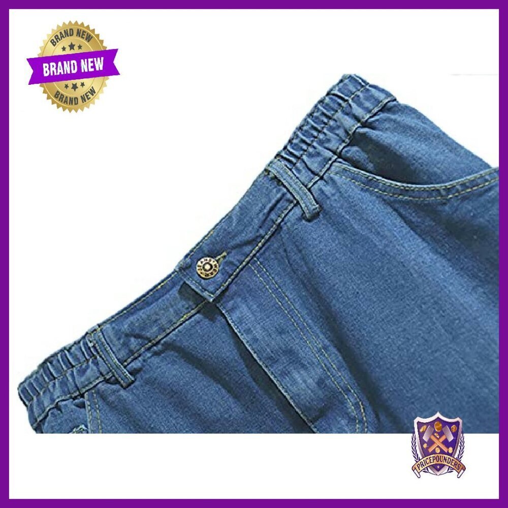 Elastic Waist Midi Denim Skirt with Pockets A-Line Flare - Picture 4 of 7